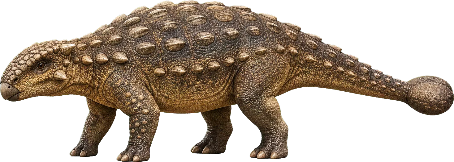 Wide Ankylosaurus stands beside a child, with its armored back lower than many large dinosaurs.