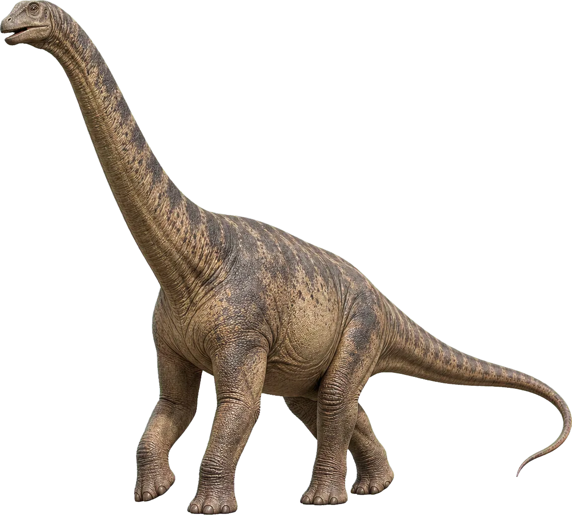 Massive Apatosaurus stands beside a small child, with very long neck and tail.