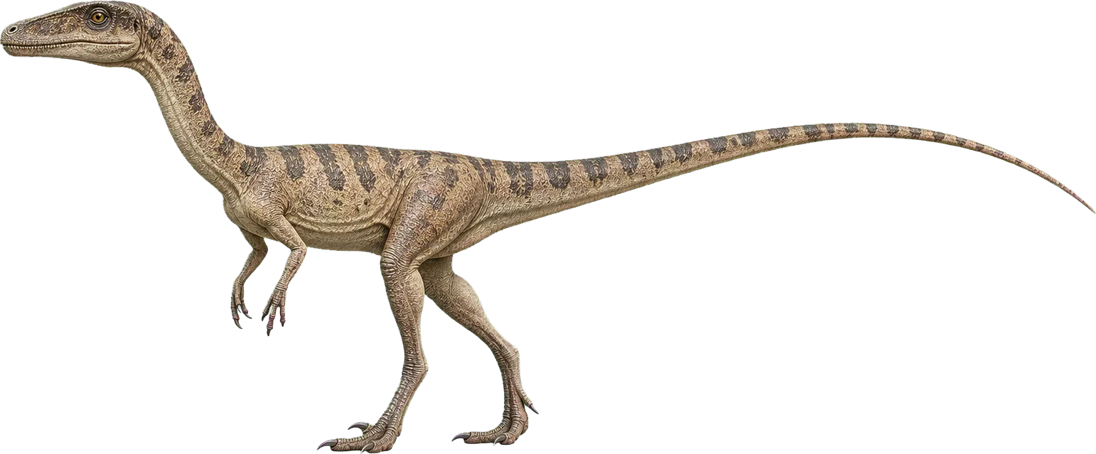 Coelophysis stands beside a child and looks low, but long because of its tail.