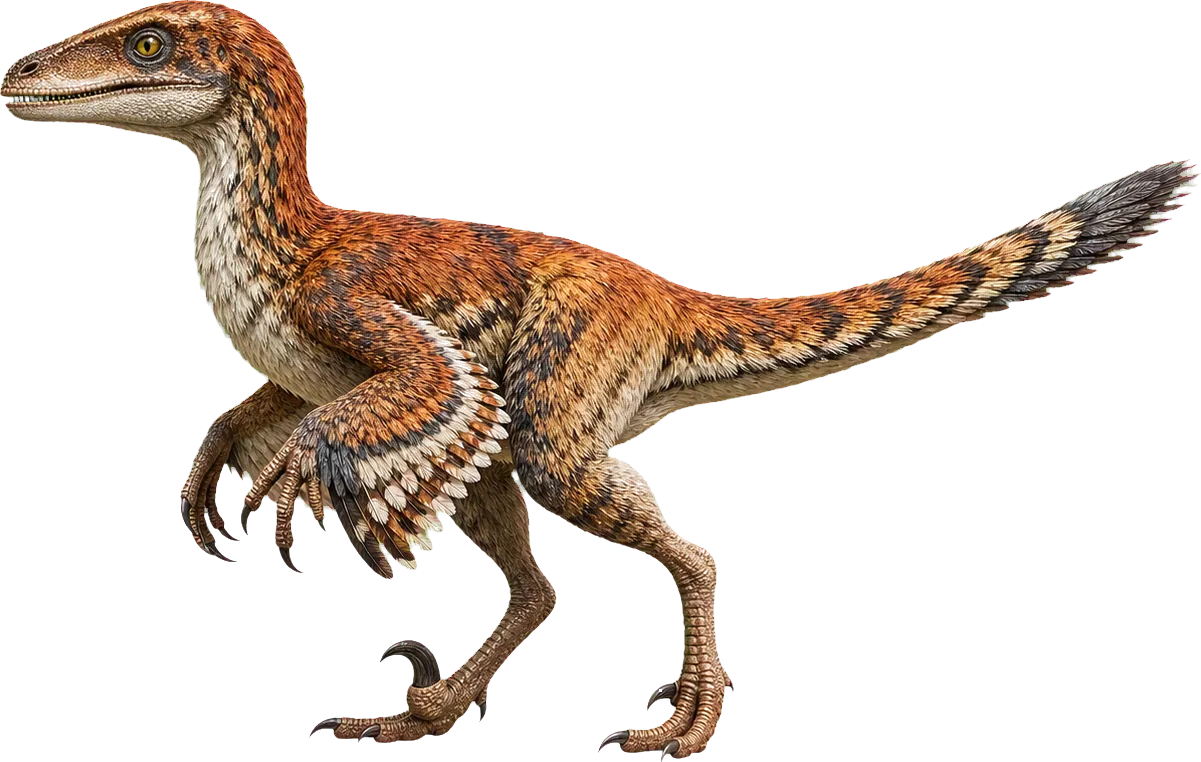 Deinonychus stands beside a child and shows the raised sickle claw on its foot.