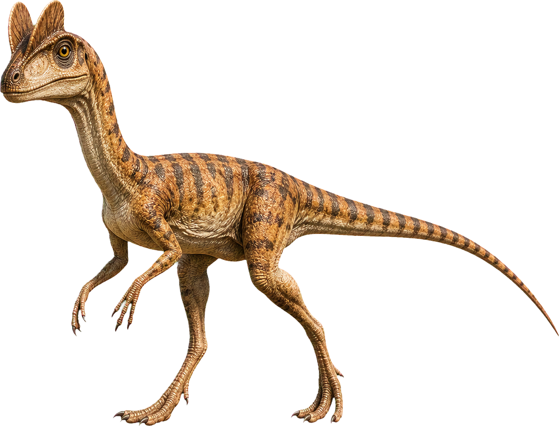Dilophosaurus stands beside a child and rises well above the child with head and crests.
