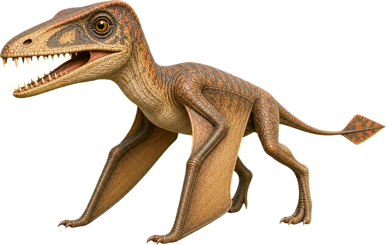 Dimorphodon stands with folded wings beside a child and remains very low.