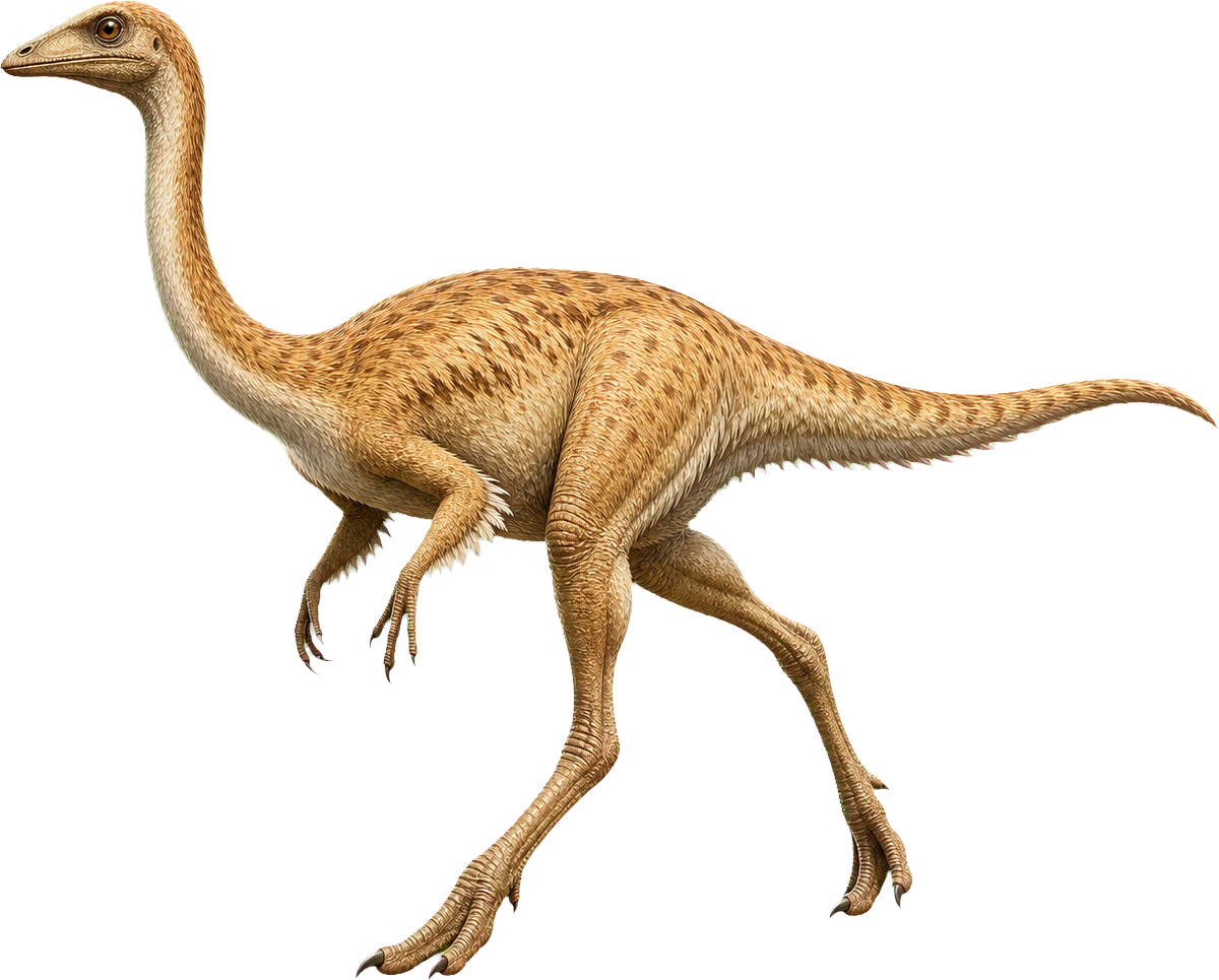 Long-legged Gallimimus stands beside a child and rises well above the child.