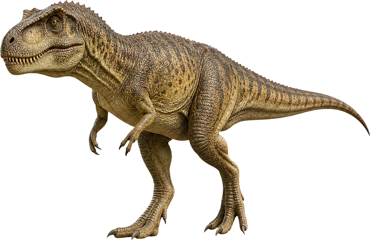 Huge Giganotosaurus stands beside a child and rises far above it with its long head.