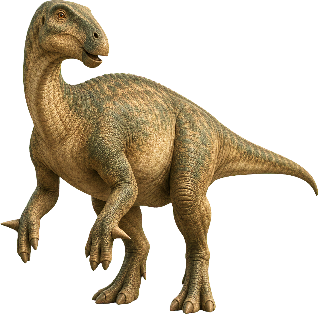 Large Iguanodon stands beside a child and shows a pointed thumb on its hand.