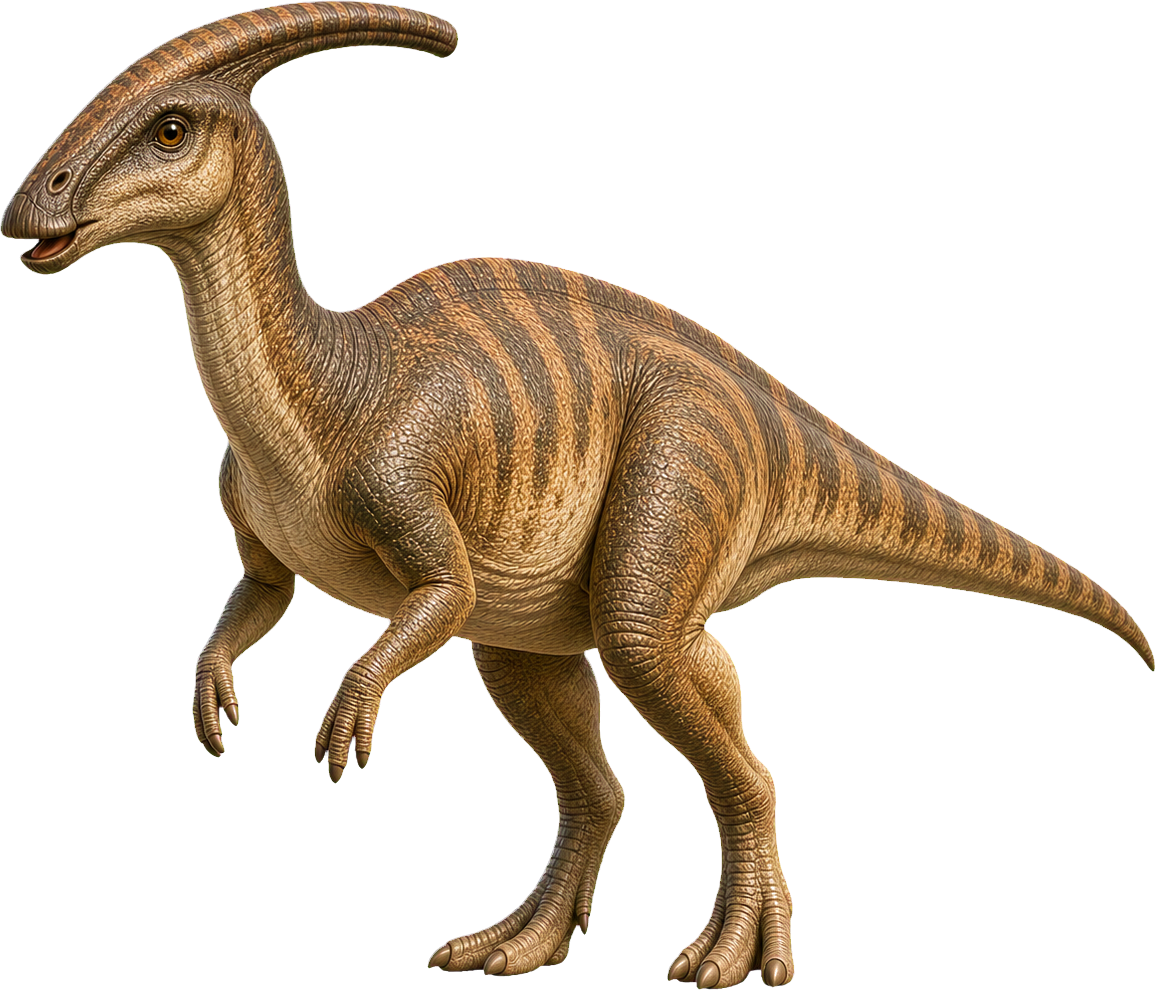 Parasaurolophus stands beside a child, with the long head crest reaching backward.