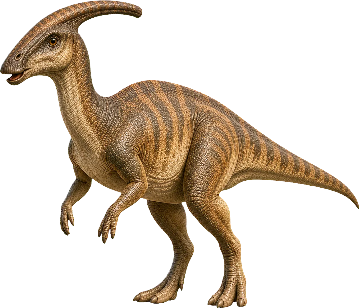 Parasaurolophus stands beside a child, with the long head crest reaching backward.