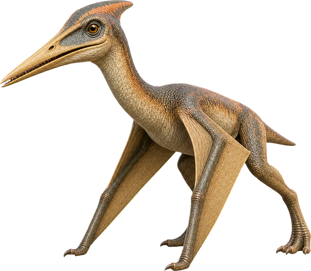 Small Pterodactylus stands with folded wings beside a child.