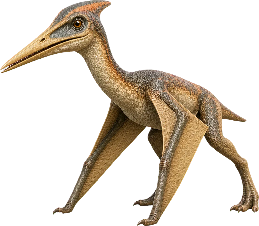 Small Pterodactylus stands with folded wings beside a child.