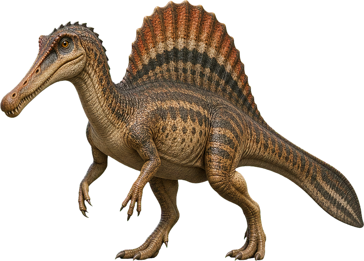 Huge Spinosaurus stands beside a child, its back sail rising much higher.