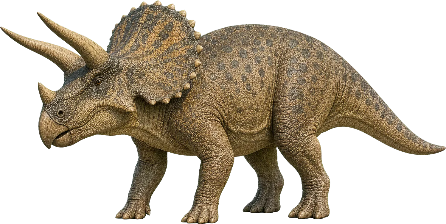 Large Triceratops stands beside a child, with horns and frill standing out.