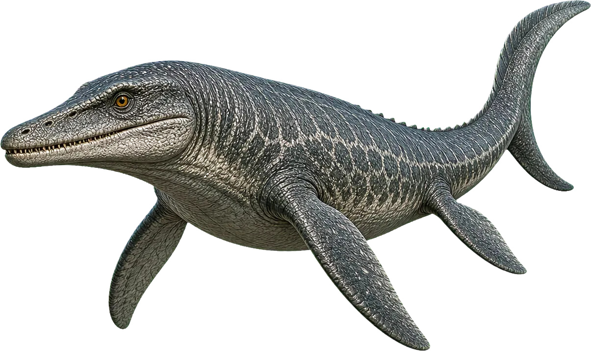 Long Tylosaurus swims beside a child and stretches much farther than the figure.