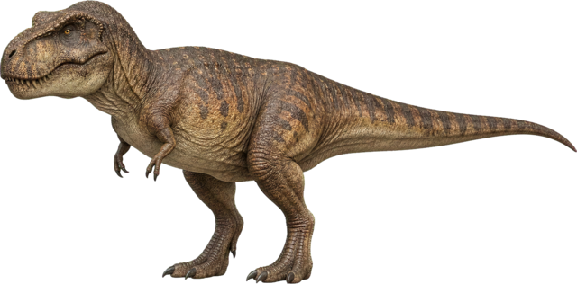 Tyrannosaurus rex with large head, short arms, and powerful tail.