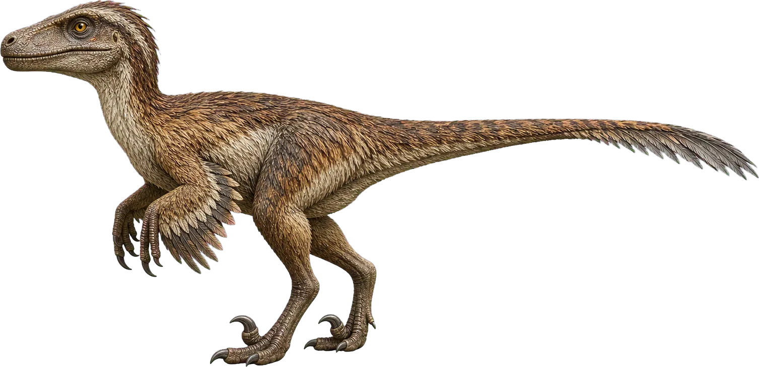 Small Velociraptor stands beside a child and reaches only around knee height.